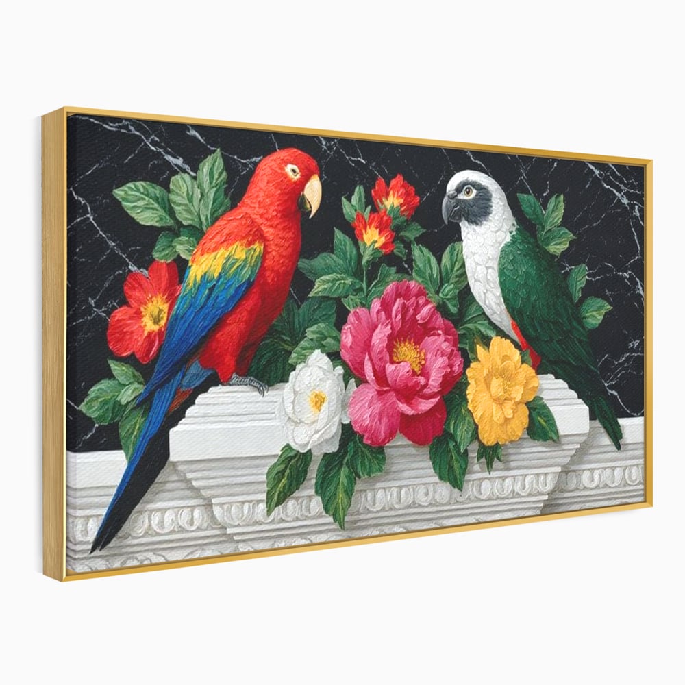 Tablou canvas cu pictura cu papagali si flori, in rama de aluminiu auriu
